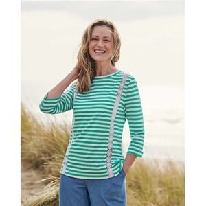 WoolOvers Lace Insert 3/4 Sleeve Tee Shirt Jade White Stripe Size Small Cotton